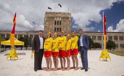 CEO of SLSQ John Brennan and UQ Vice-Chancellor Professor Peter Høj with SLSQ volunteers